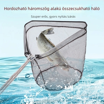 Rozsdamentes acélból készült összecsukható teleszkópos háromszög alakú horgász háló, teherbírás 4 kg