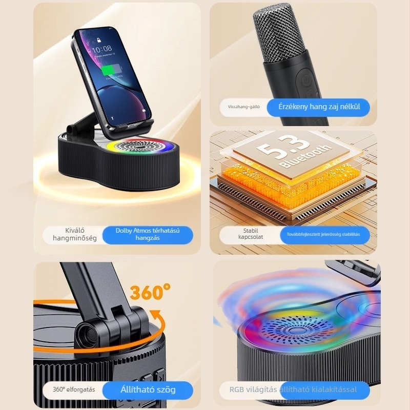 Öt az egyben: forgó telefonállvány karaoke funkcióval, power bank, Bluetooth mini hangszóró, hordozható hangulatvilágítás