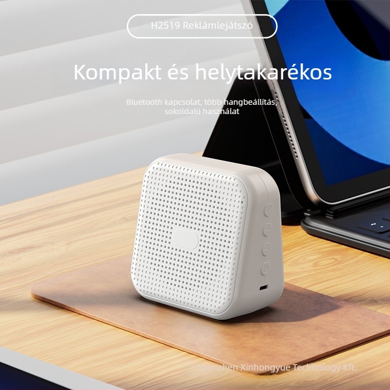 Intelligens kültéri reklámhangszóró beépített akkumulátorral – Bluetooth 5.0, 5W kimenet, frekvenciatartomány 100 Hz–20 kHz, hatótávolság 10 m, 800–1000 mAh
