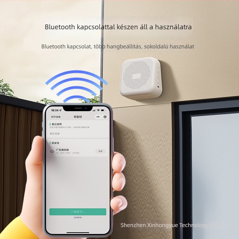 Intelligens kültéri reklámhangszóró beépített akkumulátorral – Bluetooth 5.0, 5W kimenet, frekvenciatartomány 100 Hz–20 kHz, hatótávolság 10 m, 800–1000 mAh