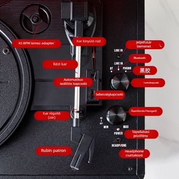 Hordozható fa retro vinil lejátszó - Bluetooth 5.0, USB tápegység, 2 hangszóró, 100 Hz–20 kHz hangsáv, SNR ≥75 dB