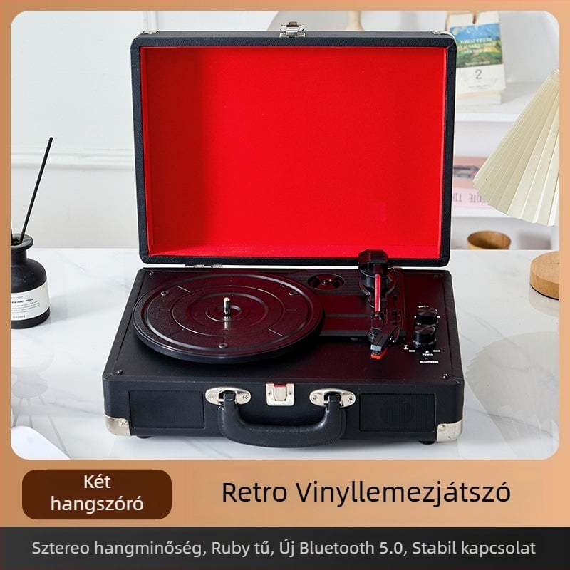 Hordozható fa retro vinil lejátszó - Bluetooth 5.0, USB tápegység, 2 hangszóró, 100 Hz–20 kHz hangsáv, SNR ≥75 dB