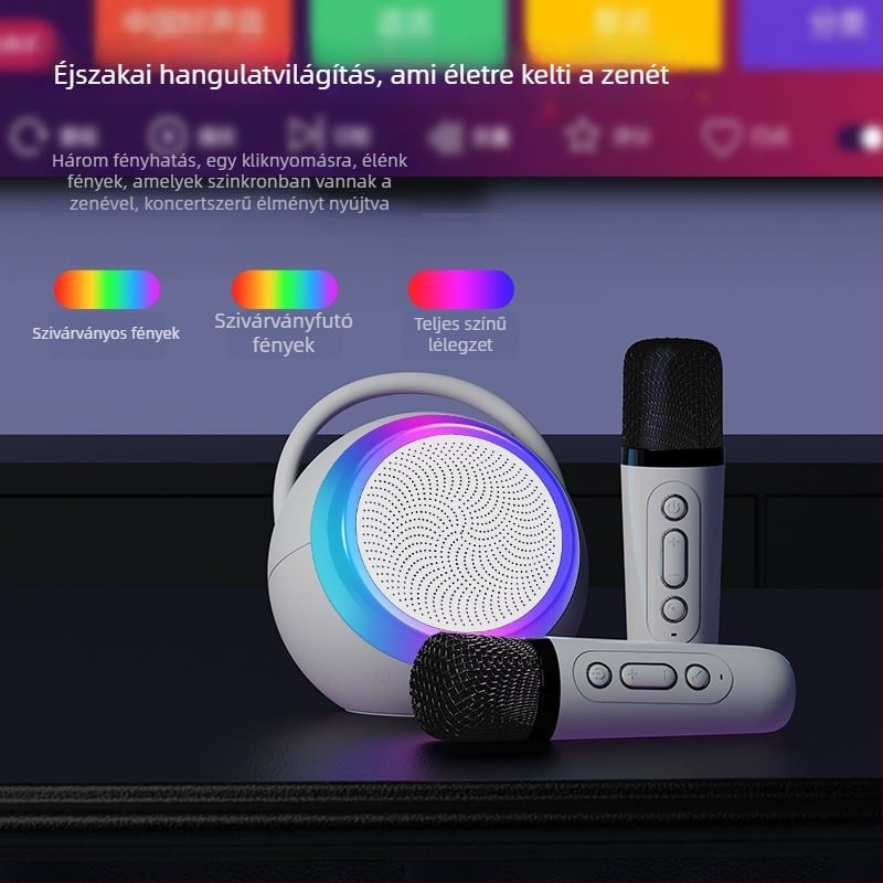 Hordozható Bluetooth karaoke hangszóró beépített mikrofonnal, Bluetooth 5.3, 5W kimenet, beépített akkumulátor 1200-2000mAh, hatótávolság 10 m