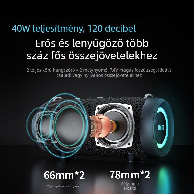 Mifa A90 Kültéri Bluetooth Hangszóró két hangszóróval, 40W, IPX6 vízálló, 6000mAh akkumulátor, Bluetooth 5.3