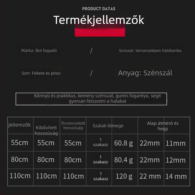 Szénszálas teleszkópos merítőbot, hordozható, ultra könnyű, 4 szakasz, súly 0,5 kg