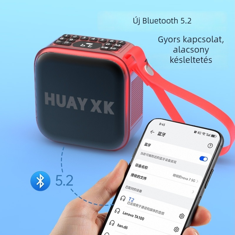 T2 vezeték nélküli Bluetooth hangszóró kártyahellyel, beépített akkumulátor 1000–1200mAh, Bluetooth 5.0, 10W, frekvenciaátvitel 100Hz–20kHz