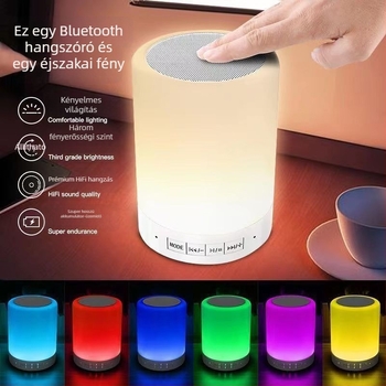 USB taplámpa Bluetooth-hangsugóval, LED színváltó éjszakai fény, Bluetooth 5.2, 10 m hatótáv, IPX4 vízálló, USB-tápellátás, beépített 300–500 mAh akkumulátor