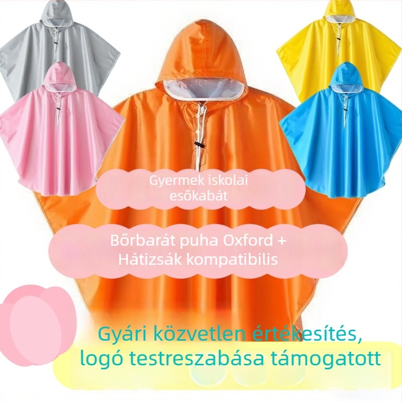 Gyerekeknek készült esőponcho fiúknak és lányoknak, arcvédős vízálló poncsó, könnyen fel- és lekapcsolható, illeszkedik korrepetáláshoz és napközibe, logóval testreszabható
