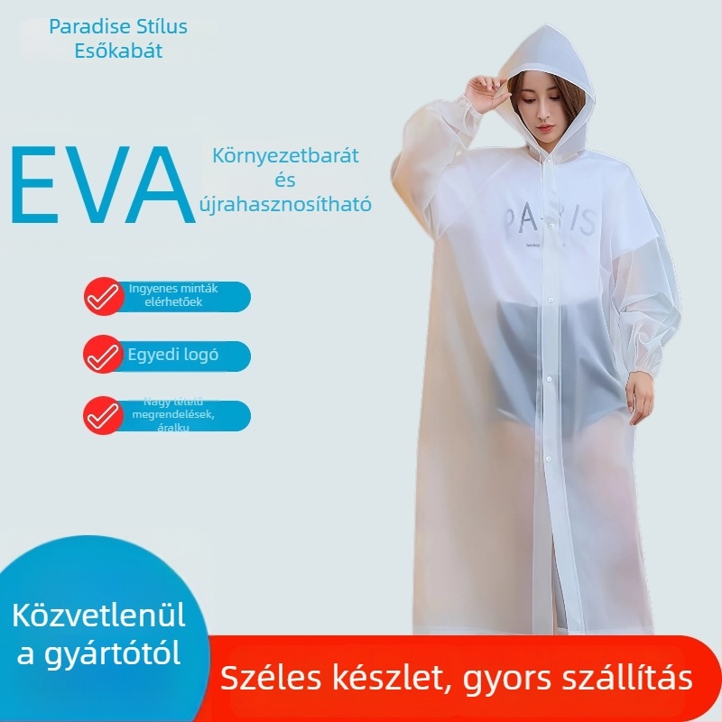 Egyszer használatos EVA esőköpeny felnőtteknek, uniszex, teljes testfedés, vízálló túrázáshoz és utazáshoz (Anyag: EVA; Fedés: teljes test; Használat: Túrázás/Utazás)