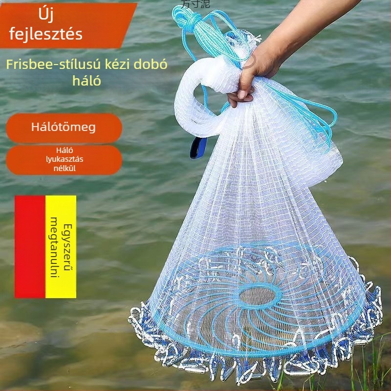 Frisbie-stílusú horgász háló kézi dobásra, automatikus kioldással — Eredet: Új-Zéland; Márka: Egyéb; Anyag: részletek szerint