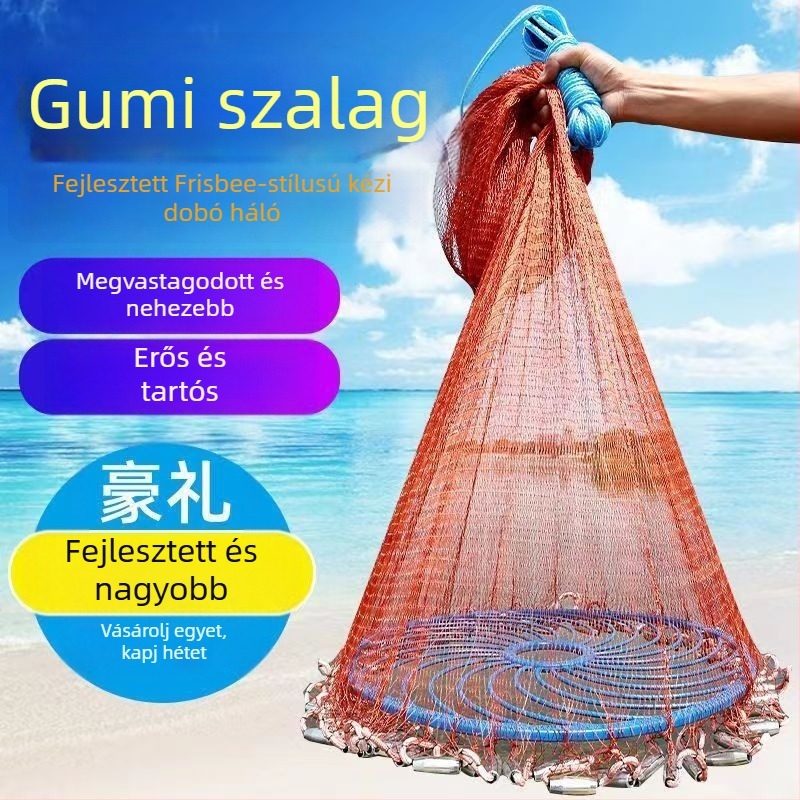 Frisbie-stílusú horgász háló kézi dobásra, automatikus kioldással — Eredet: Új-Zéland; Márka: Egyéb; Anyag: részletek szerint