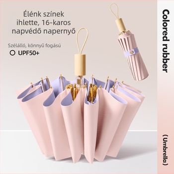 Női nap- és esőhöz használható esernyő, háromrészes összecsukható, megerősített, UPF50+ UV védelem, 16 bordás vas váz, ötvözet szár és fa nyél