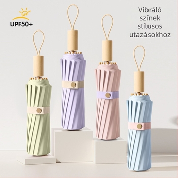 Női nap- és esőhöz használható esernyő, háromrészes összecsukható, megerősített, UPF50+ UV védelem, 16 bordás vas váz, ötvözet szár és fa nyél