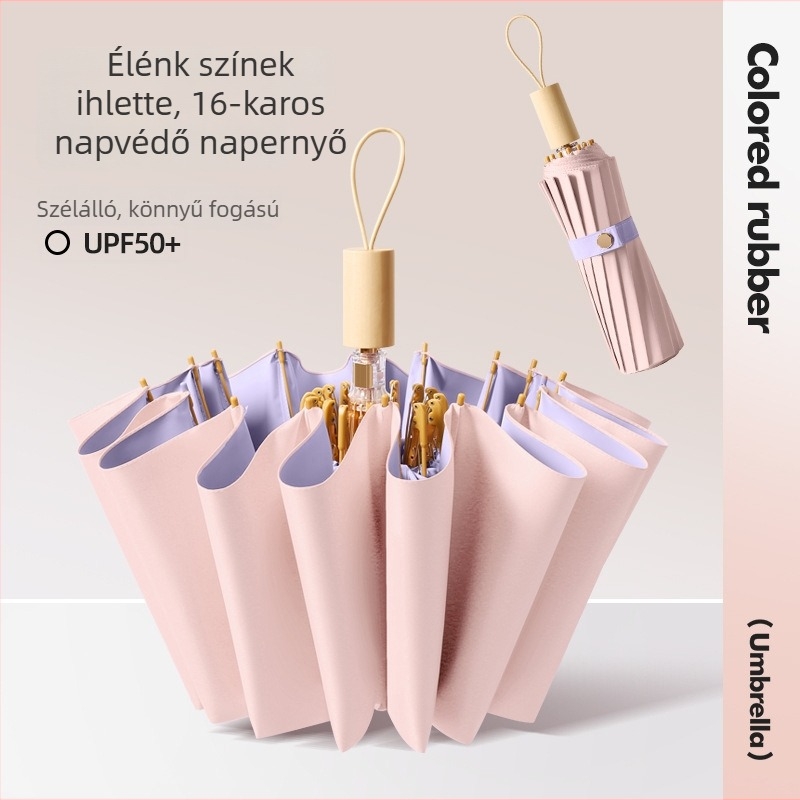 Női nap- és esőhöz használható esernyő, háromrészes összecsukható, megerősített, UPF50+ UV védelem, 16 bordás vas váz, ötvözet szár és fa nyél