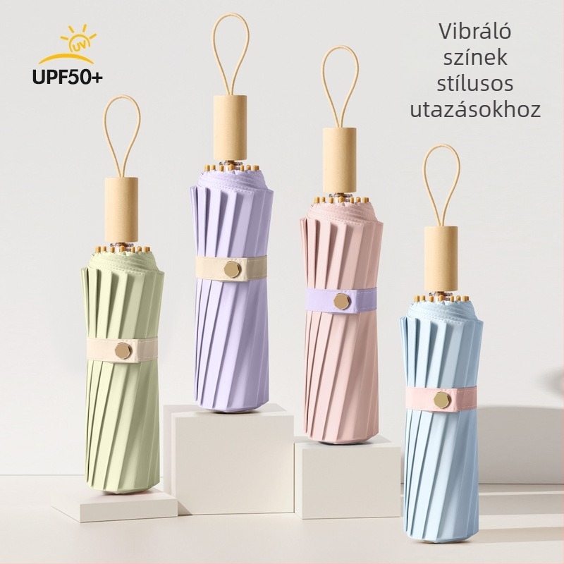 Női nap- és esőhöz használható esernyő, háromrészes összecsukható, megerősített, UPF50+ UV védelem, 16 bordás vas váz, ötvözet szár és fa nyél