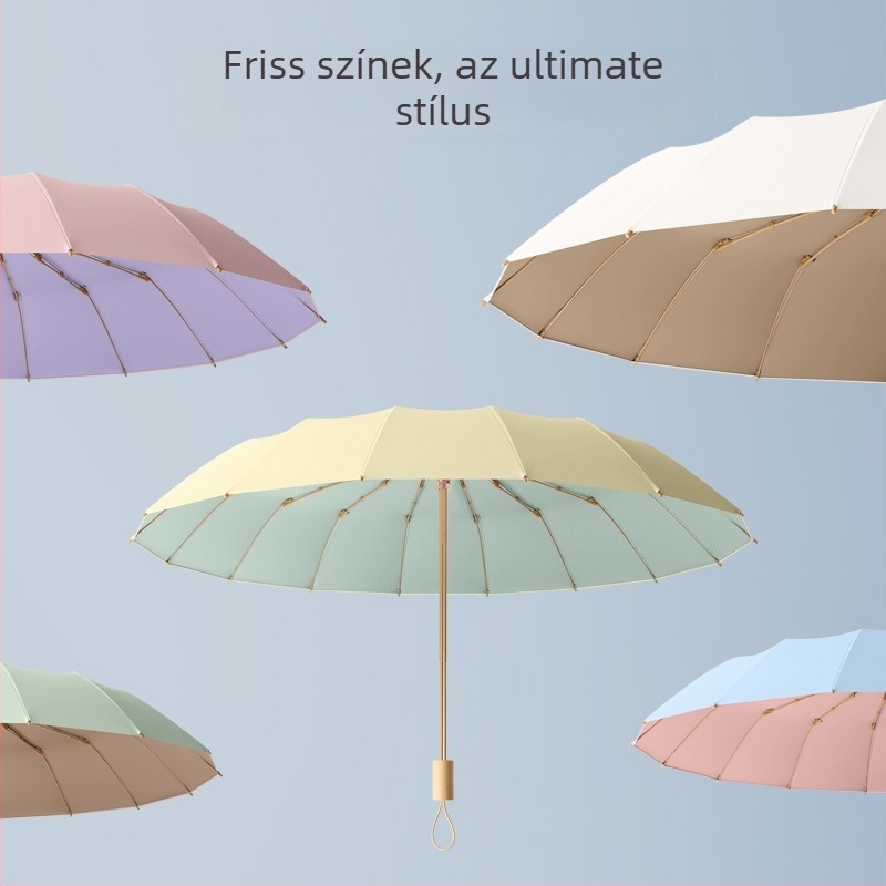 Női nap- és esőhöz használható esernyő, háromrészes összecsukható, megerősített, UPF50+ UV védelem, 16 bordás vas váz, ötvözet szár és fa nyél