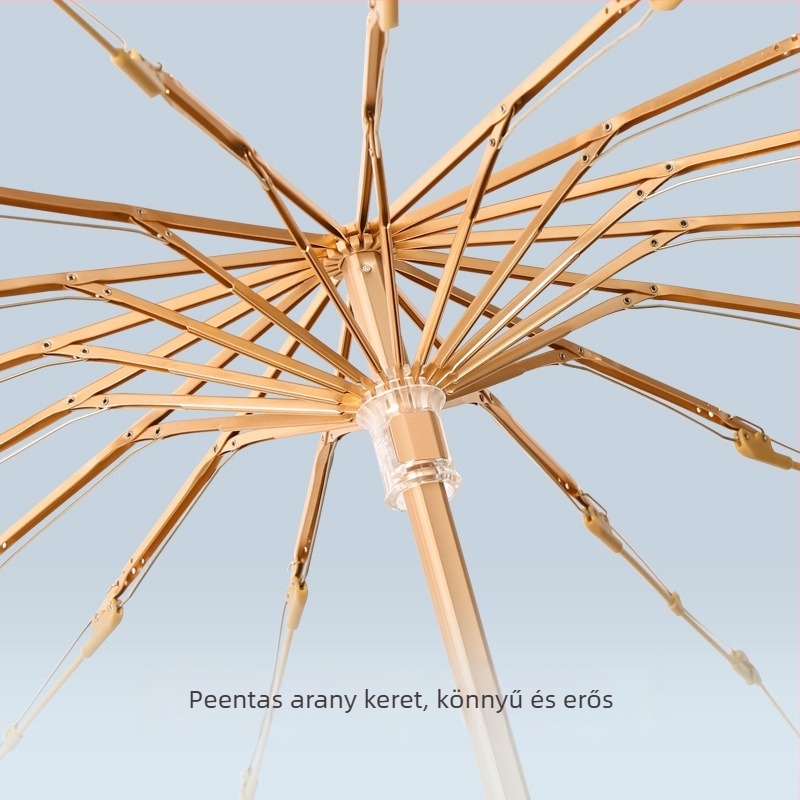 Női nap- és esőhöz használható esernyő, háromrészes összecsukható, megerősített, UPF50+ UV védelem, 16 bordás vas váz, ötvözet szár és fa nyél