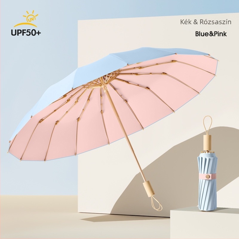 Női nap- és esőhöz használható esernyő, háromrészes összecsukható, megerősített, UPF50+ UV védelem, 16 bordás vas váz, ötvözet szár és fa nyél
