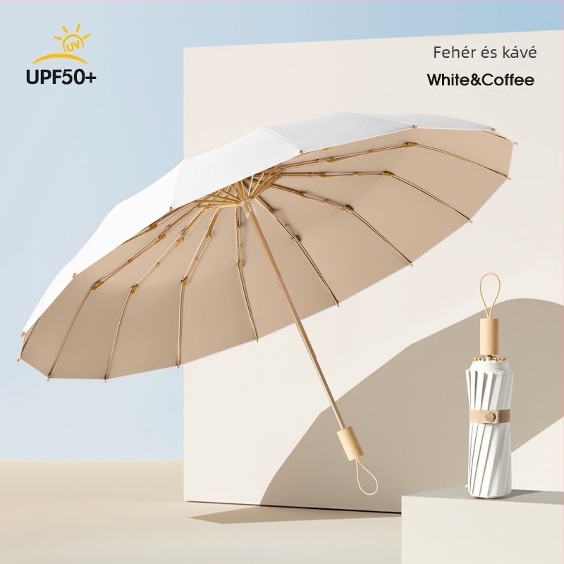 Női nap- és esőhöz használható esernyő, háromrészes összecsukható, megerősített, UPF50+ UV védelem, 16 bordás vas váz, ötvözet szár és fa nyél
