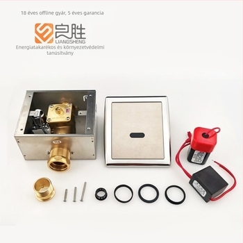 Szenzoros öblítő szelep vécéhez, falra szerelt rejtett öblítőmechanizmus, modell LS-818, AC/DC kettős tápegység, működési nyomás 0.2–0.6 MPa, öblítési idő 8–10 s, szelepmag réz