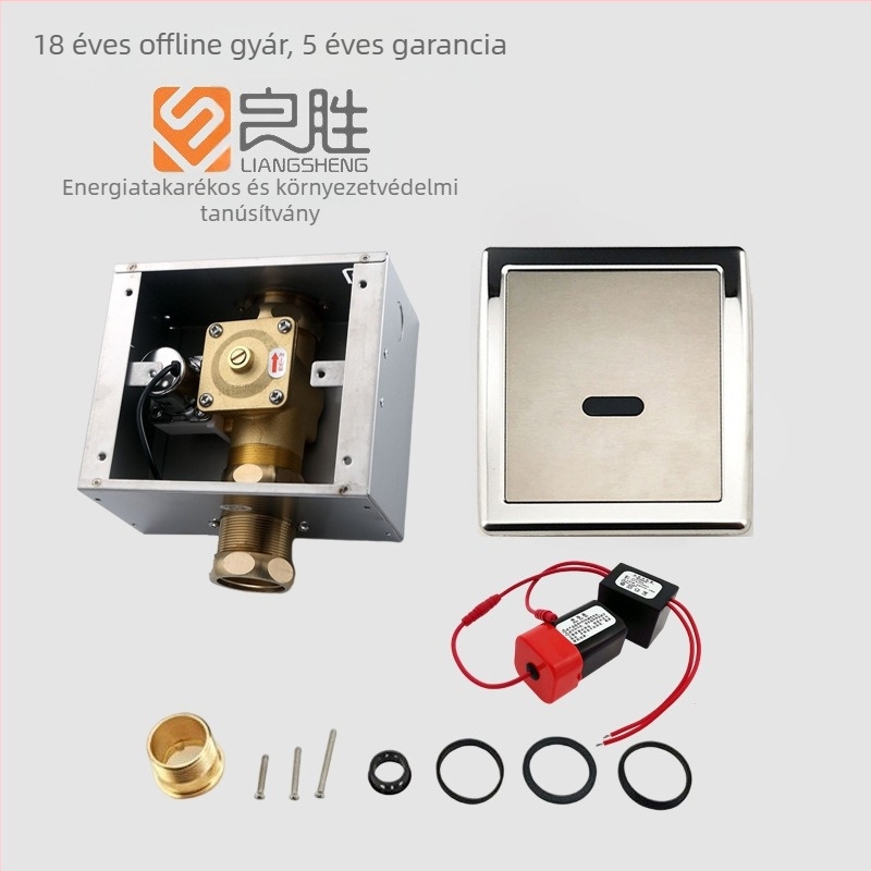Szenzoros öblítő szelep vécéhez, falra szerelt rejtett öblítőmechanizmus, modell LS-818, AC/DC kettős tápegység, működési nyomás 0.2–0.6 MPa, öblítési idő 8–10 s, szelepmag réz