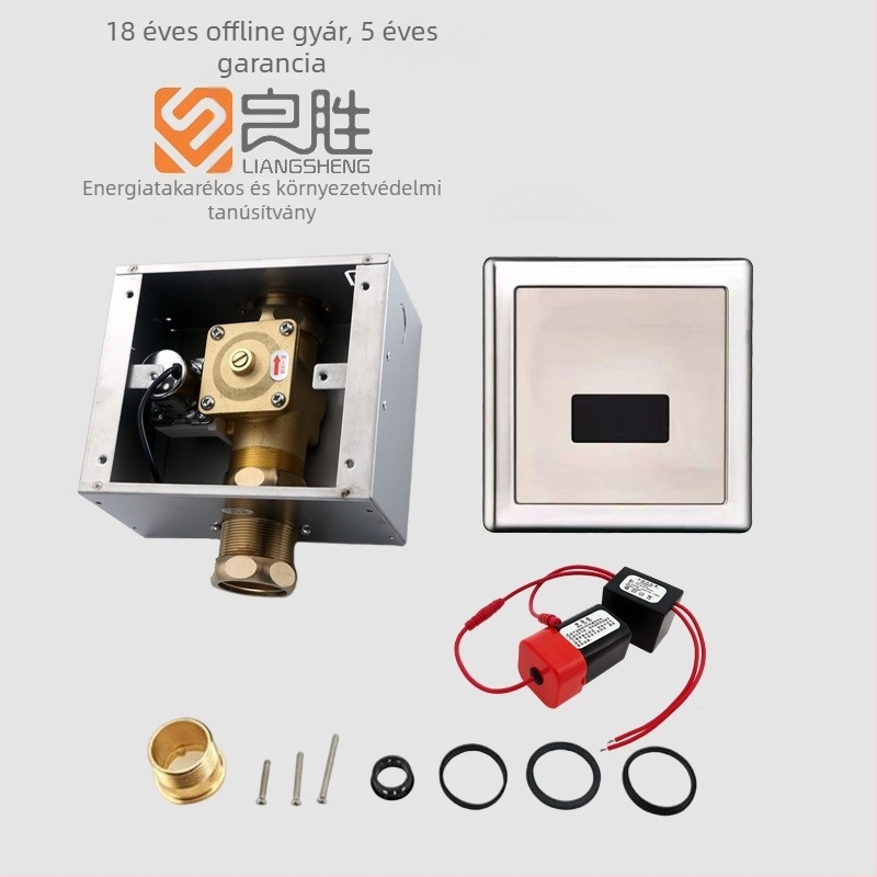 Szenzoros öblítő szelep vécéhez, falra szerelt rejtett öblítőmechanizmus, modell LS-818, AC/DC kettős tápegység, működési nyomás 0.2–0.6 MPa, öblítési idő 8–10 s, szelepmag réz
