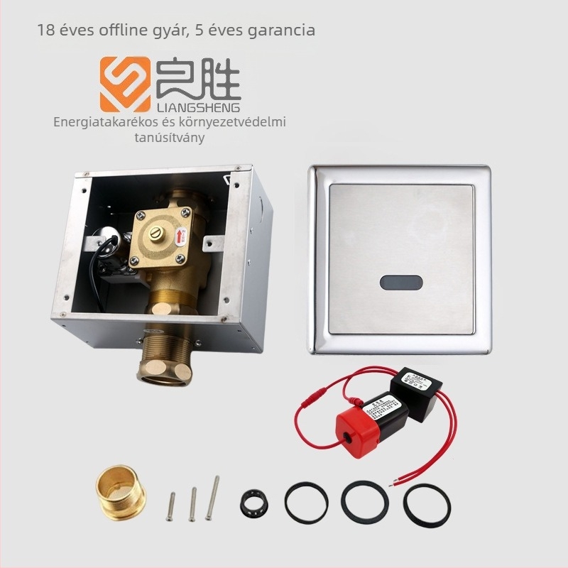 Szenzoros öblítő szelep vécéhez, falra szerelt rejtett öblítőmechanizmus, modell LS-818, AC/DC kettős tápegység, működési nyomás 0.2–0.6 MPa, öblítési idő 8–10 s, szelepmag réz
