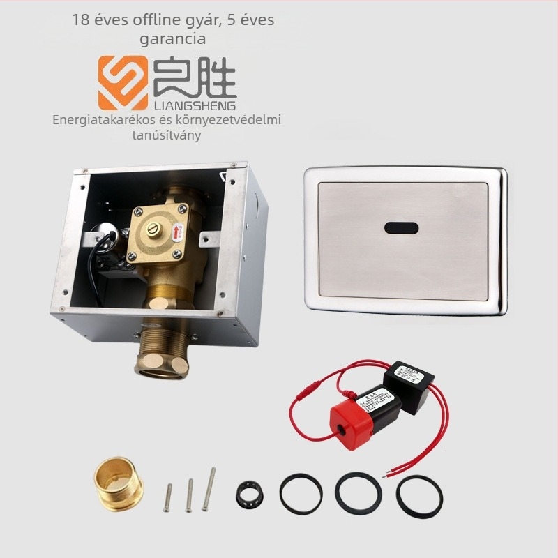 Szenzoros öblítő szelep vécéhez, falra szerelt rejtett öblítőmechanizmus, modell LS-818, AC/DC kettős tápegység, működési nyomás 0.2–0.6 MPa, öblítési idő 8–10 s, szelepmag réz