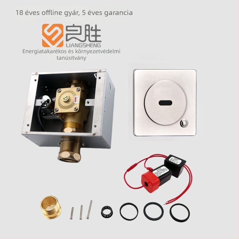 Szenzoros öblítő szelep vécéhez, falra szerelt rejtett öblítőmechanizmus, modell LS-818, AC/DC kettős tápegység, működési nyomás 0.2–0.6 MPa, öblítési idő 8–10 s, szelepmag réz