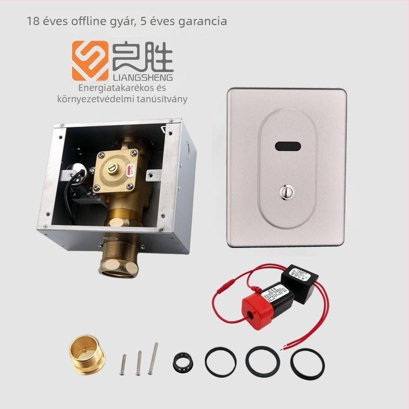Szenzoros öblítő szelep vécéhez, falra szerelt rejtett öblítőmechanizmus, modell LS-818, AC/DC kettős tápegység, működési nyomás 0.2–0.6 MPa, öblítési idő 8–10 s, szelepmag réz