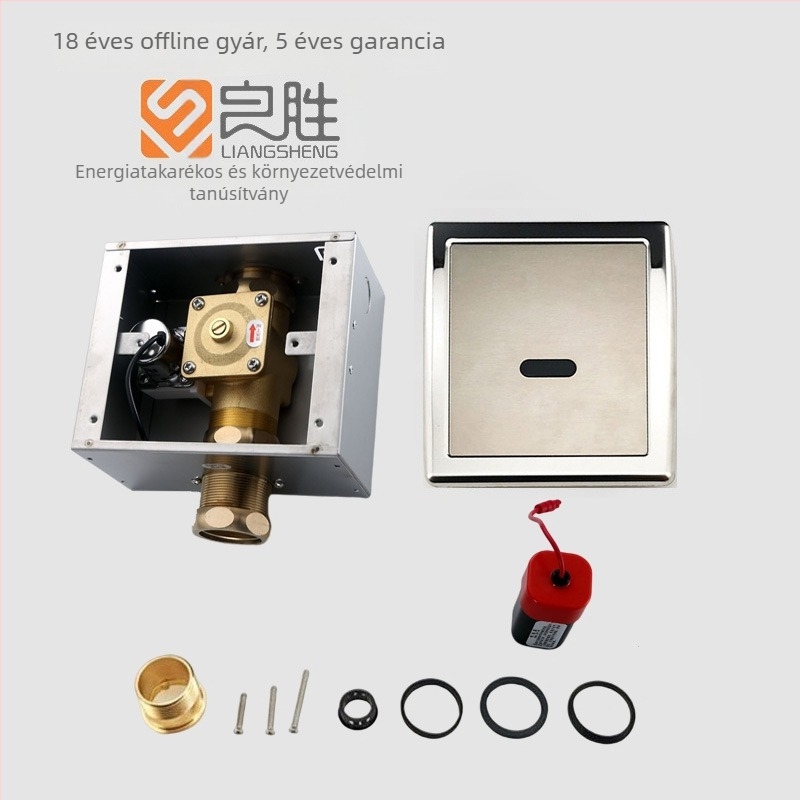 Szenzoros öblítő szelep vécéhez, falra szerelt rejtett öblítőmechanizmus, modell LS-818, AC/DC kettős tápegység, működési nyomás 0.2–0.6 MPa, öblítési idő 8–10 s, szelepmag réz