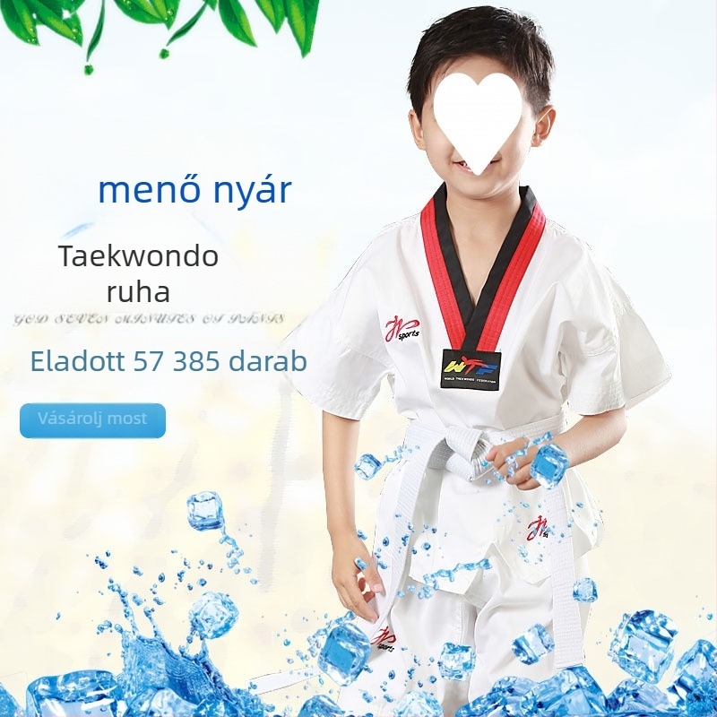 Gyerek Taekwondo edzőruha nyárra, rövid ujjú felső és rövidnadrág, pamut anyag 91–95% pamut, bélés pamut 91–95%, nyomtatott