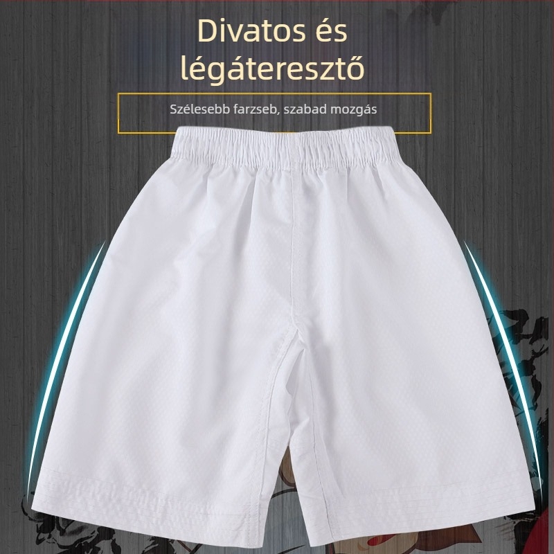 Taekwondo edzőnadrág, légáteresztő pamut keverék, mintás: kockás és pöttyös, bélés 80% pamut, tolerancia 0,3