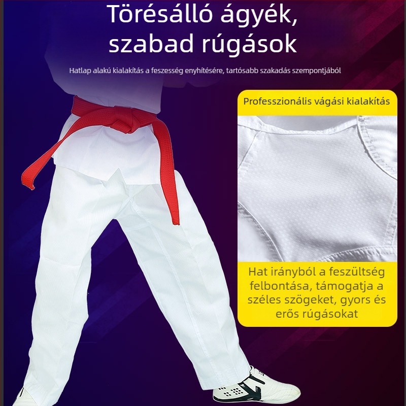 Taekwondo edzőnadrág, légáteresztő pamut keverék, mintás: kockás és pöttyös, bélés 80% pamut, tolerancia 0,3