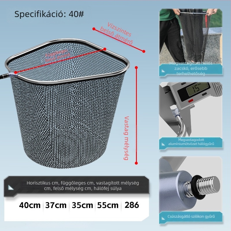 Horgász hálófej, nylon háló, teherbírás 30 kg, mélység 36-56 cm