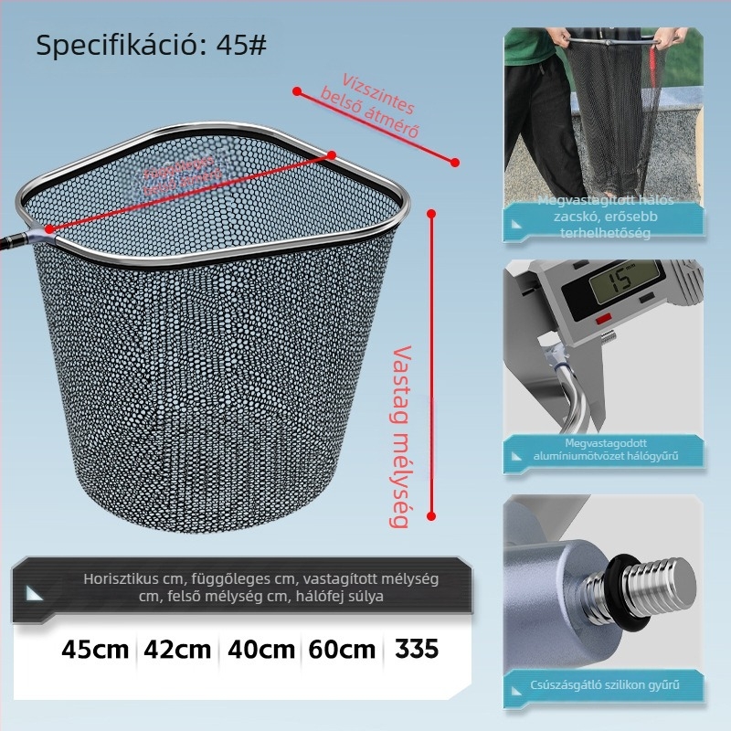 Horgász hálófej, nylon háló, teherbírás 30 kg, mélység 36-56 cm