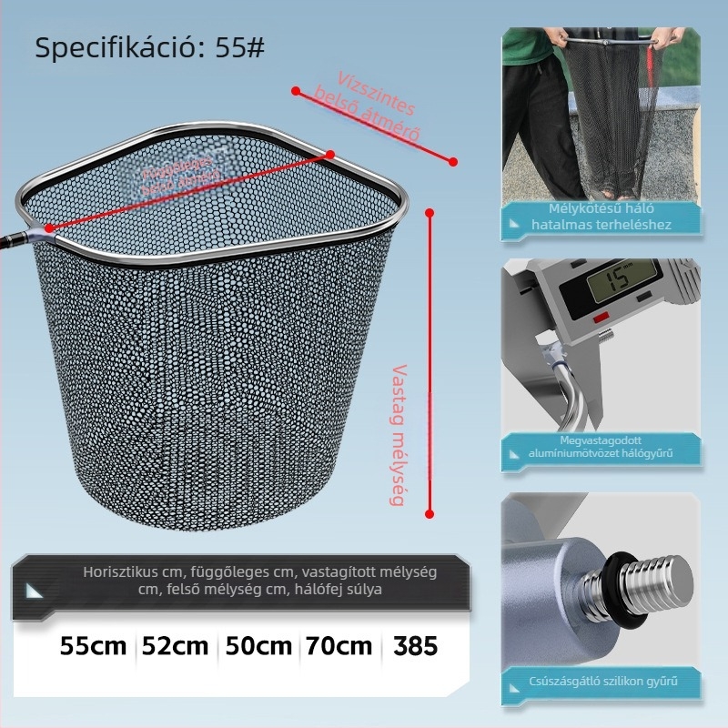Horgász hálófej, nylon háló, teherbírás 30 kg, mélység 36-56 cm