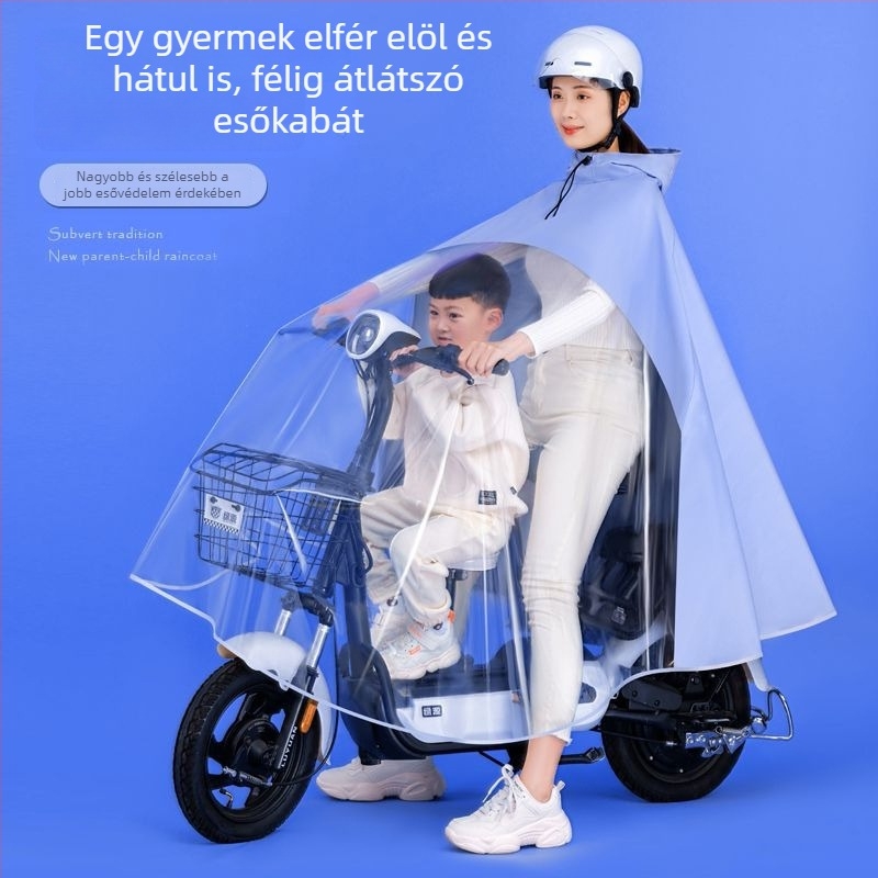 Szülő-gyermek esőponcsó elektromos kerékpárok és robogók számára, teljesen átlátszó lábvédővel, két személyes