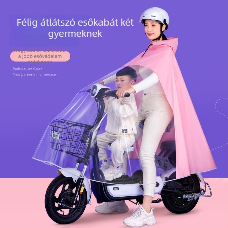 Szülő-gyermek esőponcsó elektromos kerékpárok és robogók számára, teljesen átlátszó lábvédővel, két személyes