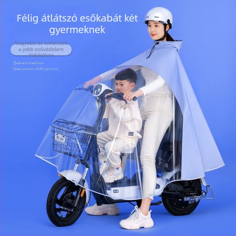 Szülő-gyermek esőponcsó elektromos kerékpárok és robogók számára, teljesen átlátszó lábvédővel, két személyes