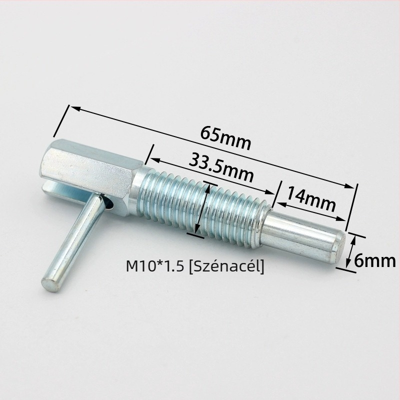 Indexelő csap, L-típusú, meghosszabbított, durva menettel, gombos plunjer, rugó