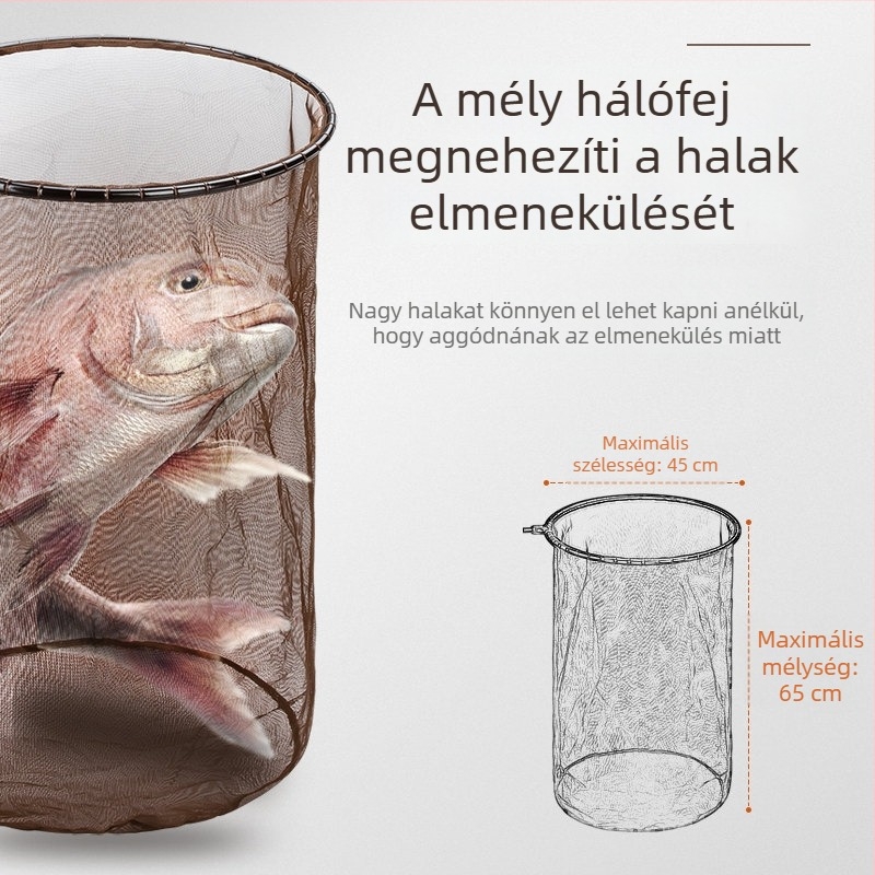 Nagy halas horgász háló fej, szénszálas háló, anti-horgos kialakítás, mélyített hálózsák
