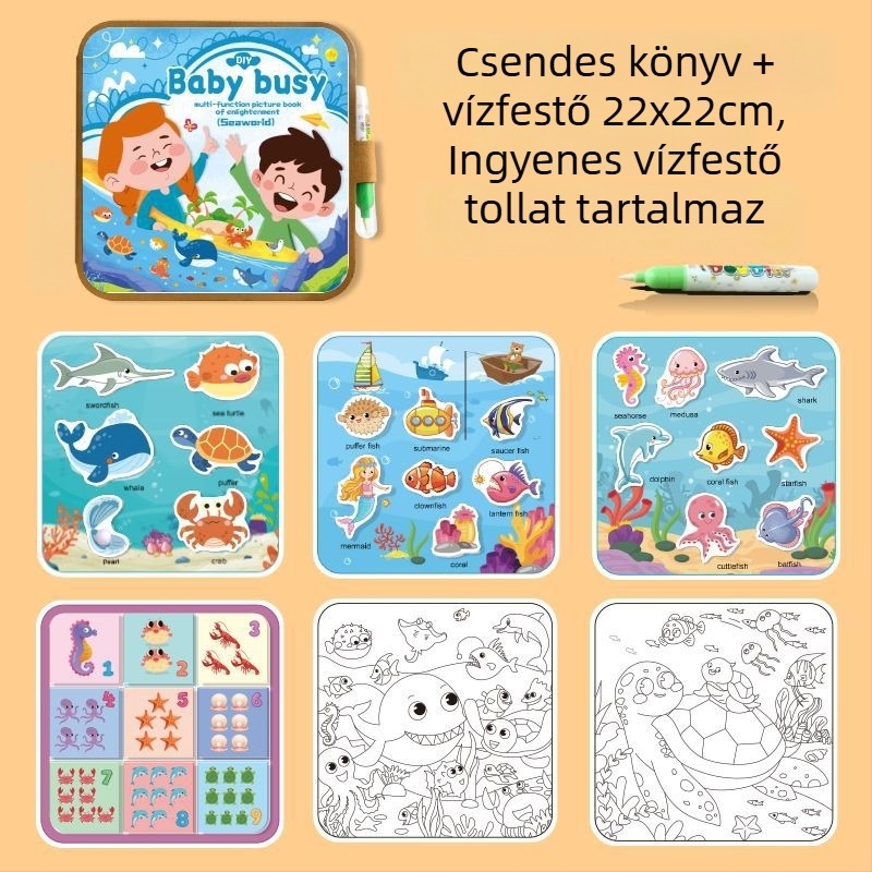 Korai nevelést támogató csendes könyvek és vízfestő könyv, összecsukható tároló, papíralapú puzzle, sík puzzle, 4–6 éveseknek, logóval testre szabható