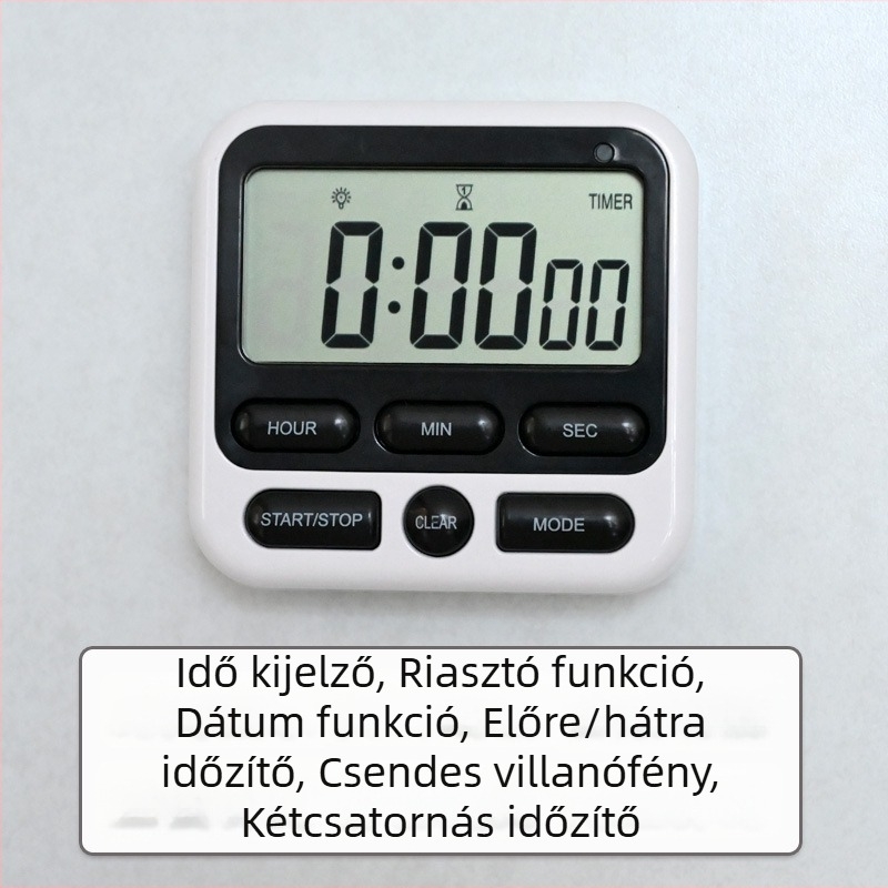 Konyhai időzítő ébresztéssel, digitális LCD kijelző, elektronikus működés, négyzet alakú ABS ház, akkumulátorról működik