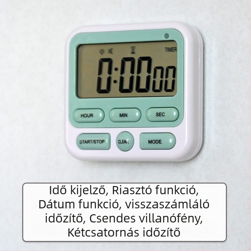 Konyhai időzítő ébresztéssel, digitális LCD kijelző, elektronikus működés, négyzet alakú ABS ház, akkumulátorról működik