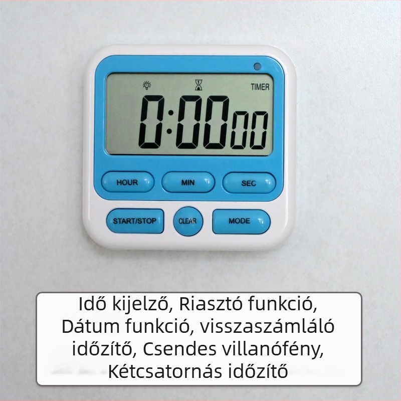 Konyhai időzítő ébresztéssel, digitális LCD kijelző, elektronikus működés, négyzet alakú ABS ház, akkumulátorról működik