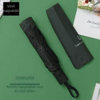 Kézi nyitású, összecsukható reklám esernyő vinil bevonatú vászonnal, 8 acél merevítővel, acél tengellyel, UPF 40+ napvédelem és logónyomtatás lehetséges