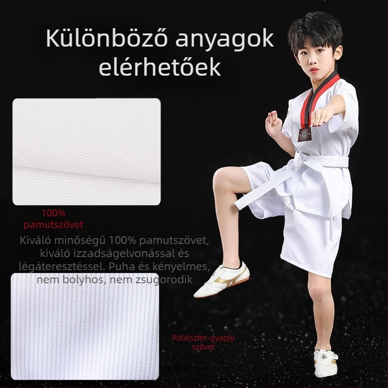 Taekwondo ruházat – hosszú- és rövid ujjú, edzőruha felnőtteknek és gyerekeknek; anyag: pamut-poliészter keverék, 35% pamut; bélés pamut 55%; mintázat 3283093; tolerancia 2-3 cm