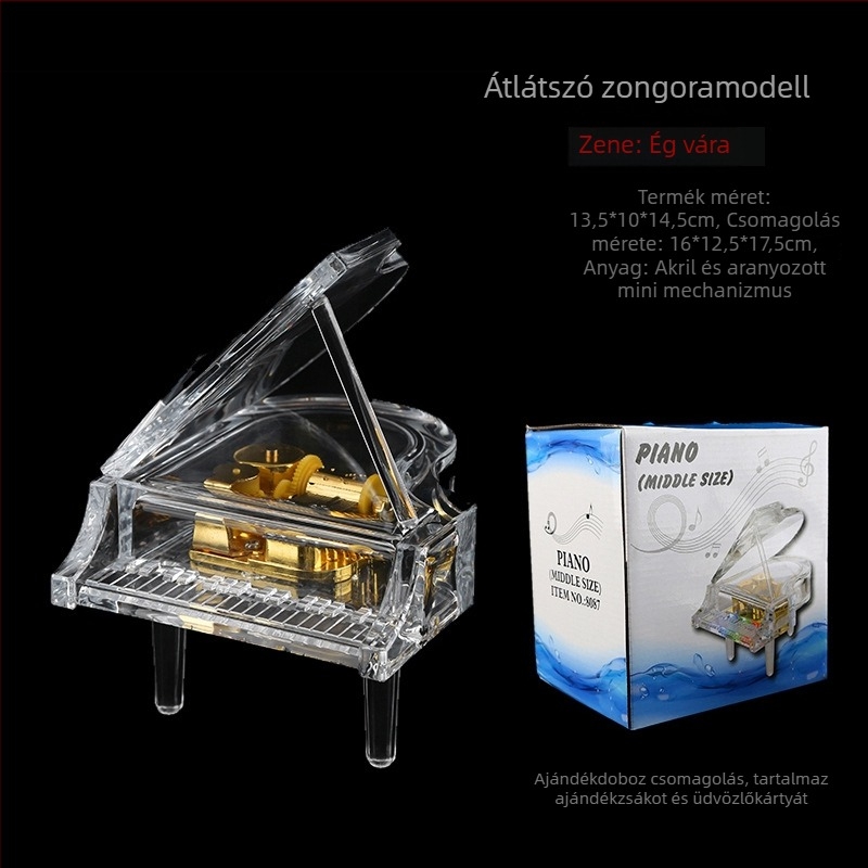 Műkristályos zenei doboz zongora motívummal, egyszerű modern stílus, díszdoboz