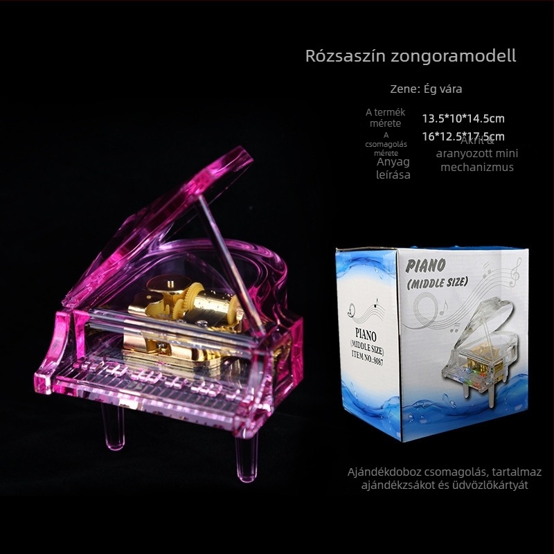 Műkristályos zenei doboz zongora motívummal, egyszerű modern stílus, díszdoboz